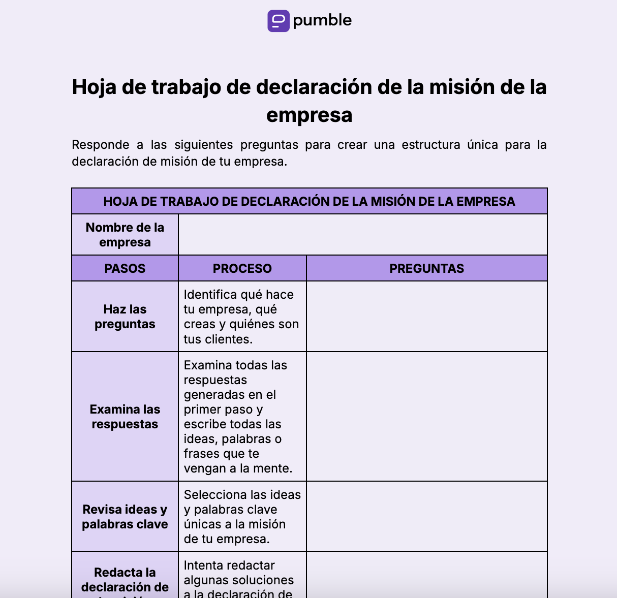 Hoja de trabajo de declaración de la misión de la empresa