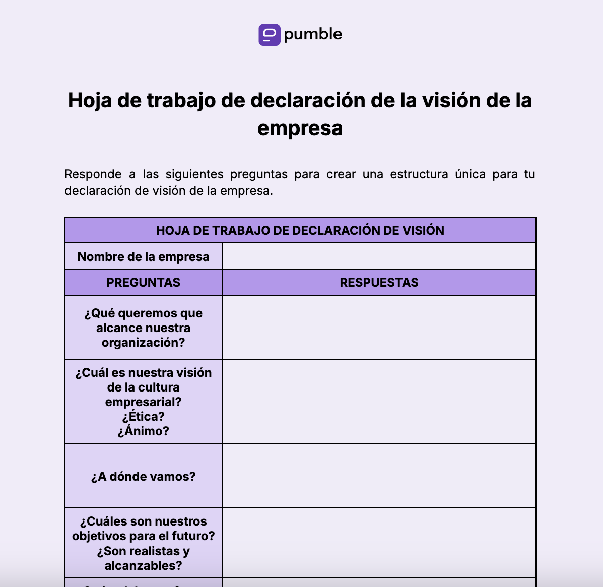 Hoja de trabajo de declaración de la visión de la empresa