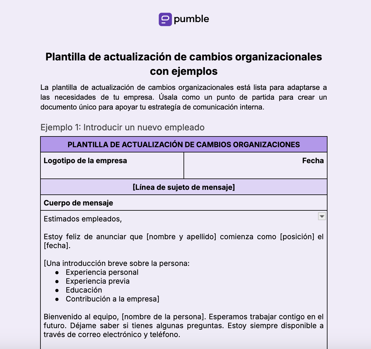 Plantilla de actualización de cambios organizacionales