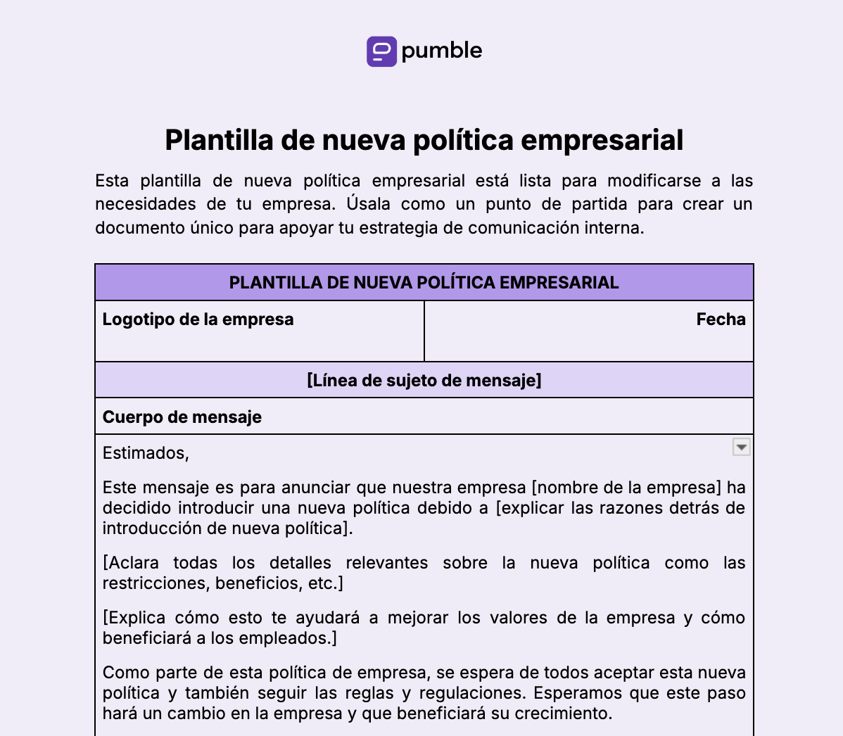 Plantilla de nueva política empresarial