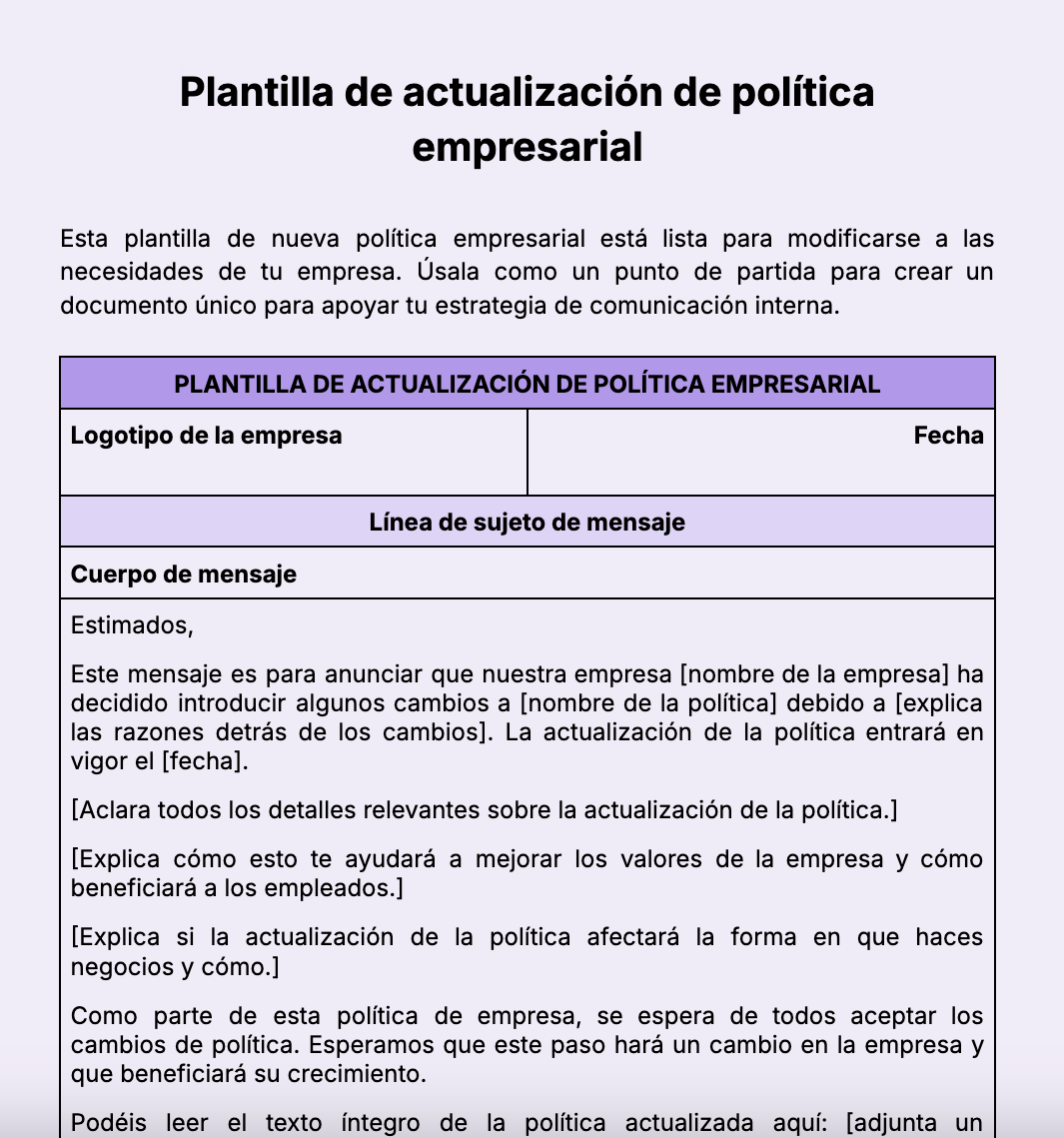 Plantilla de actualización de política empresarial