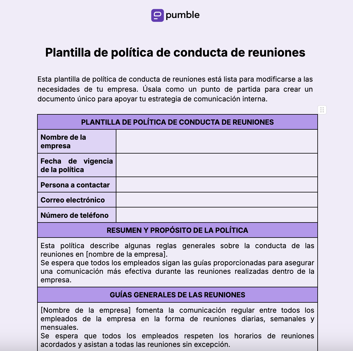 Plantilla de política de conducta de reuniones 