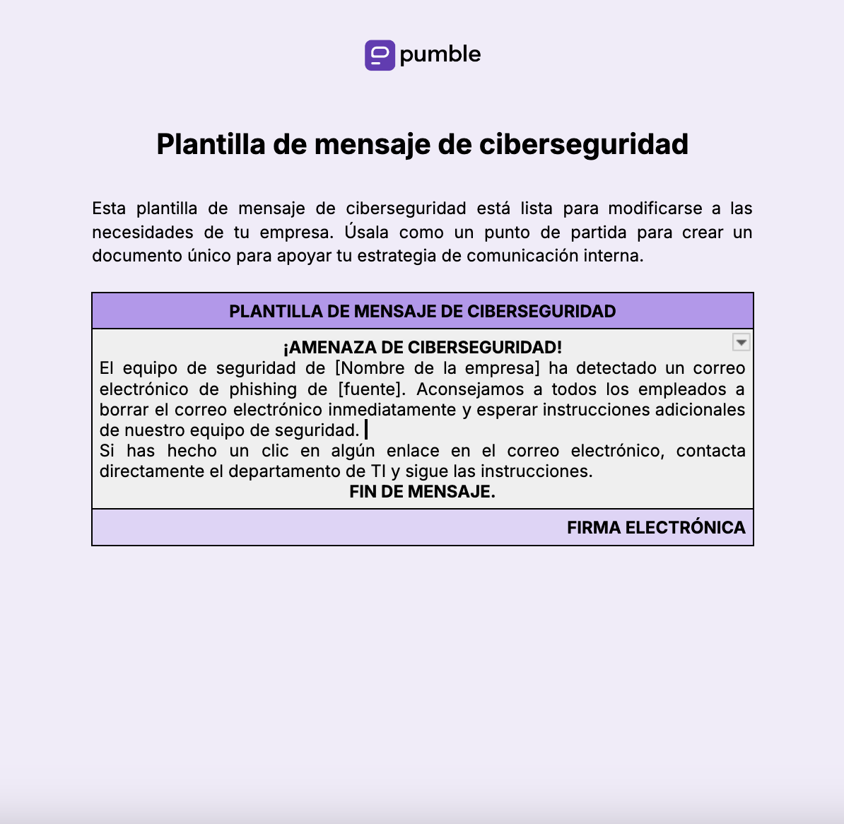 Plantilla de mensaje de ciberseguridad