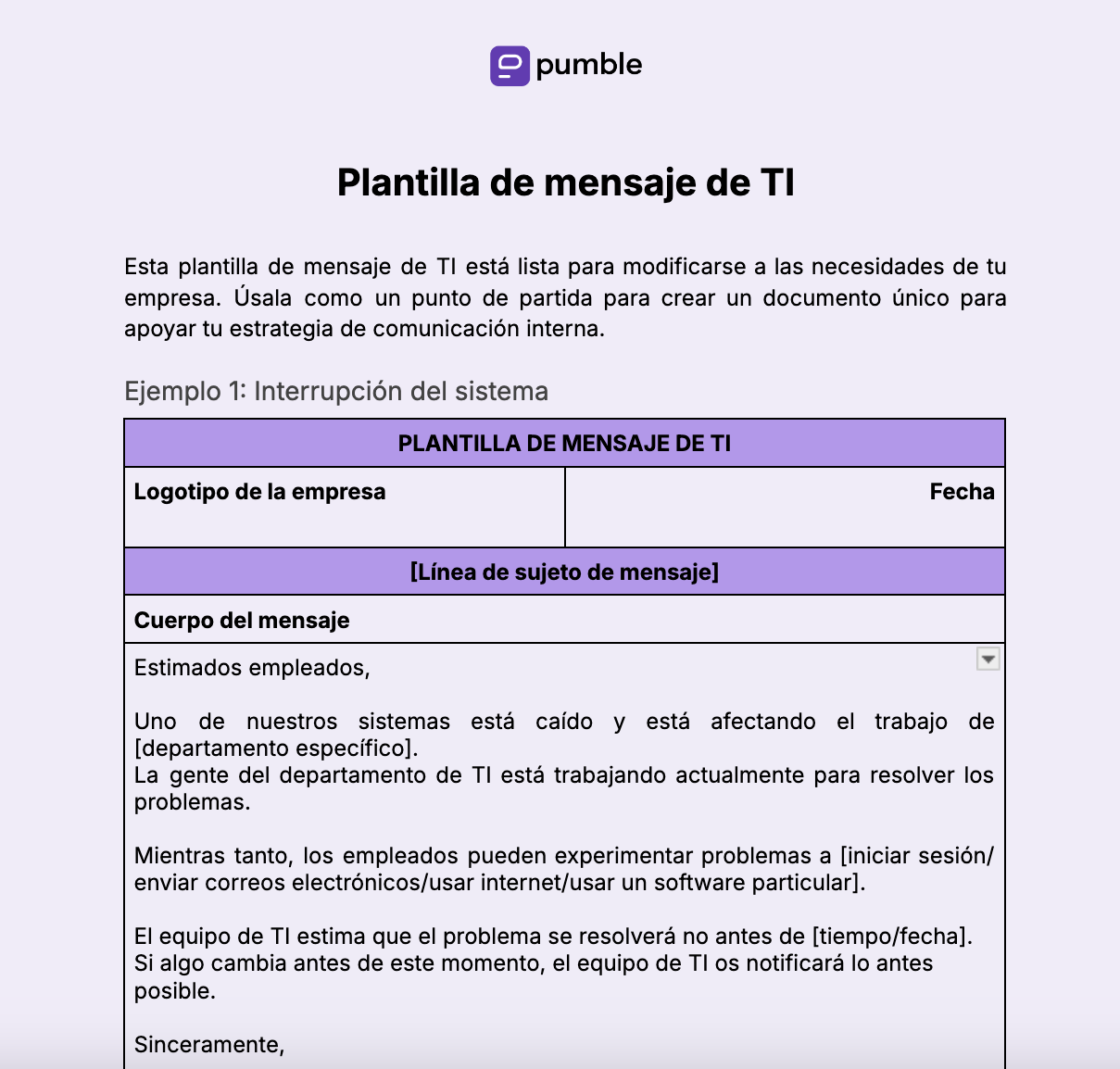 Plantilla de mensajes de TI