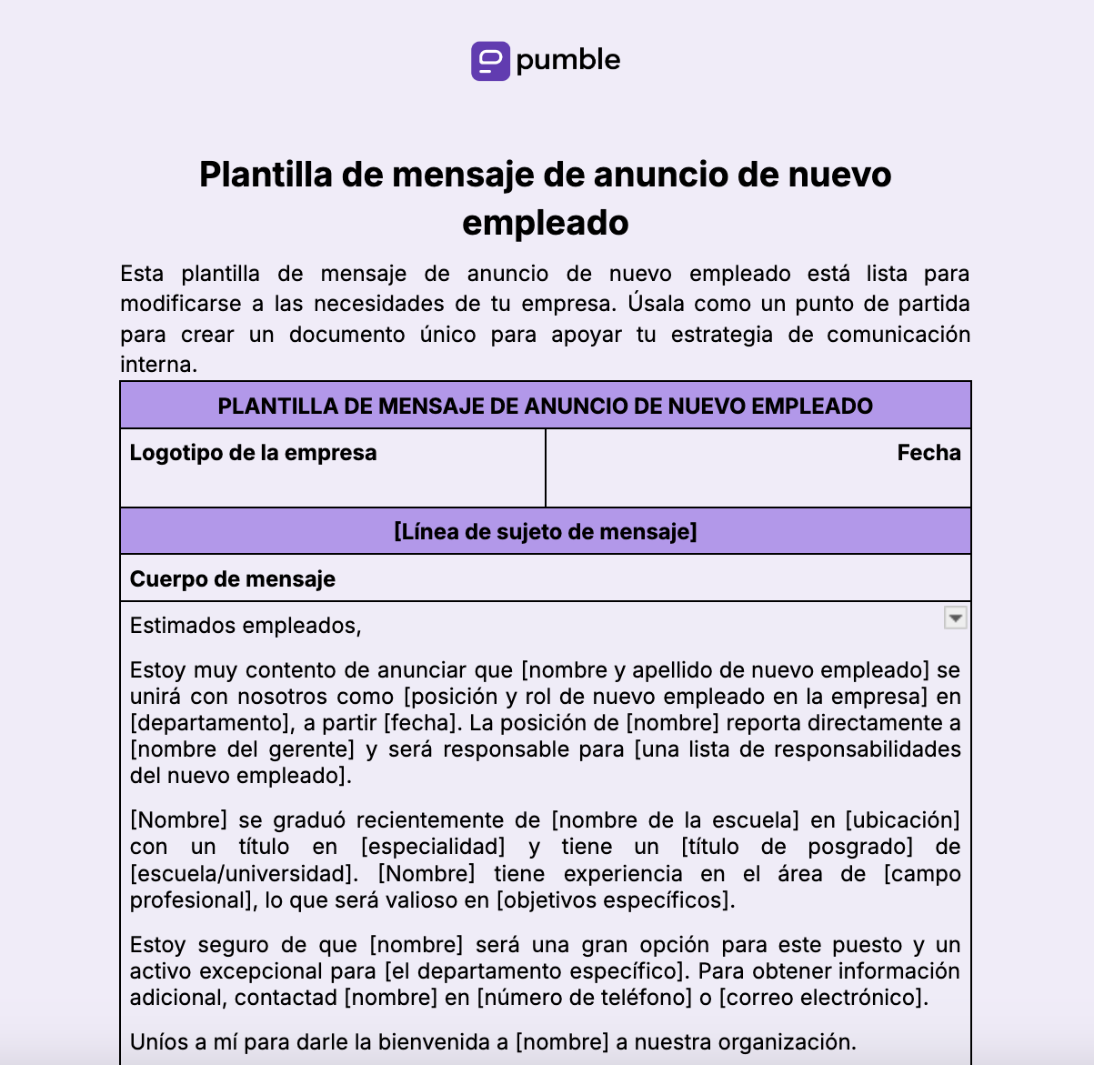 Plantilla de mensaje de anuncio de nuevo empleado 