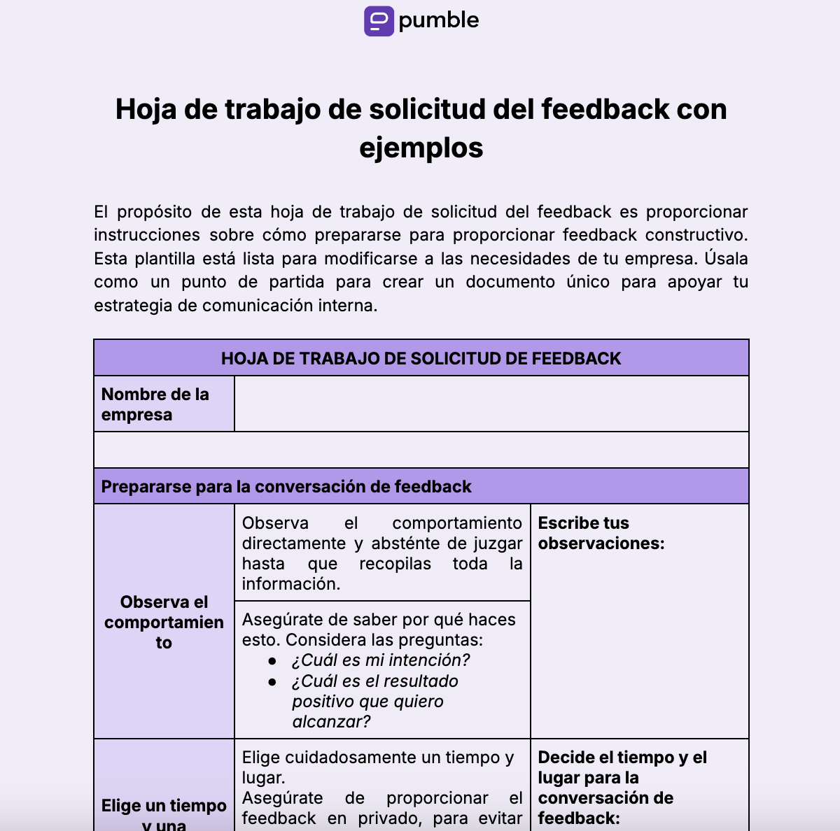 Hoja de trabajo de solicitud del feedback con ejemplos