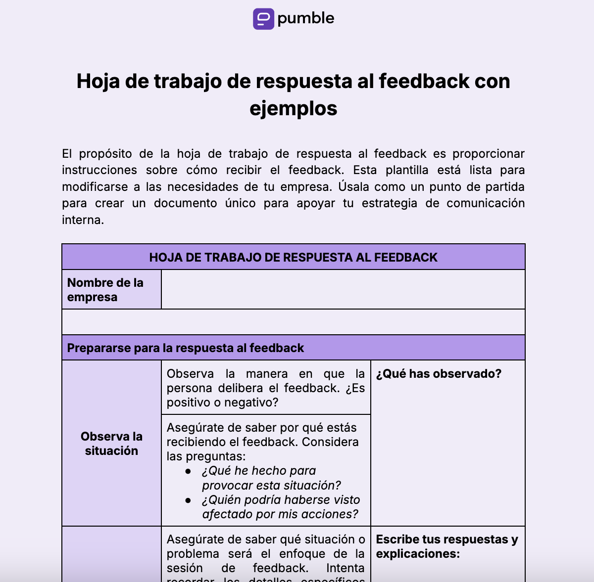 Hoja de trabajo de respuesta al feedback con ejemplos