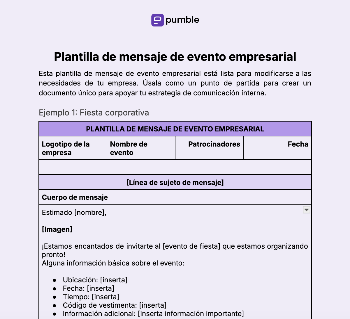 Plantilla de mensaje de evento empresarial