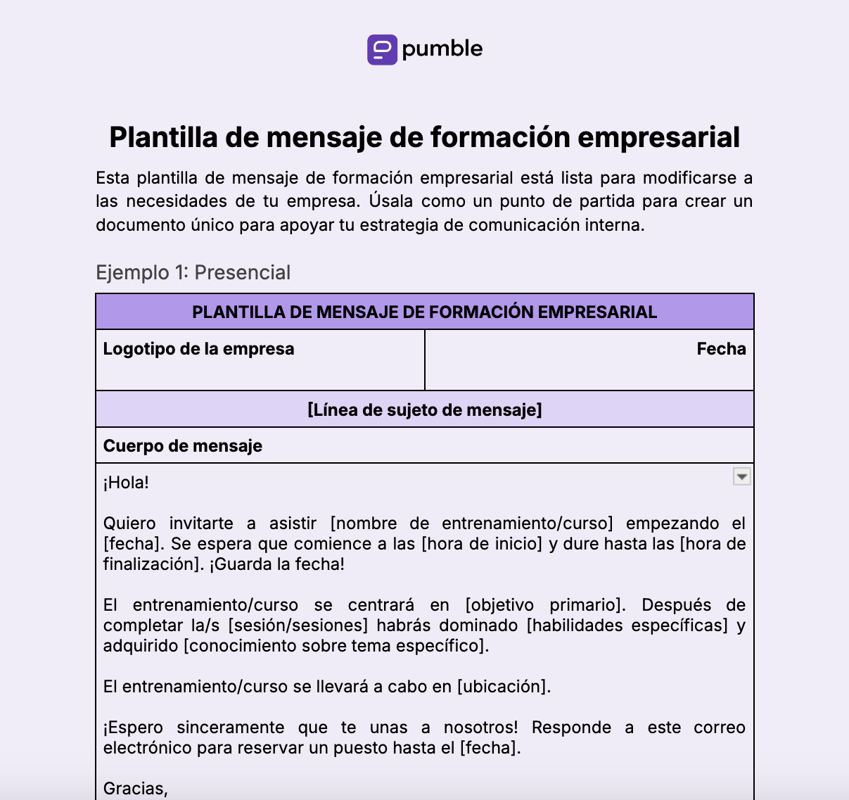 Plantilla de mensaje de formación empresarial