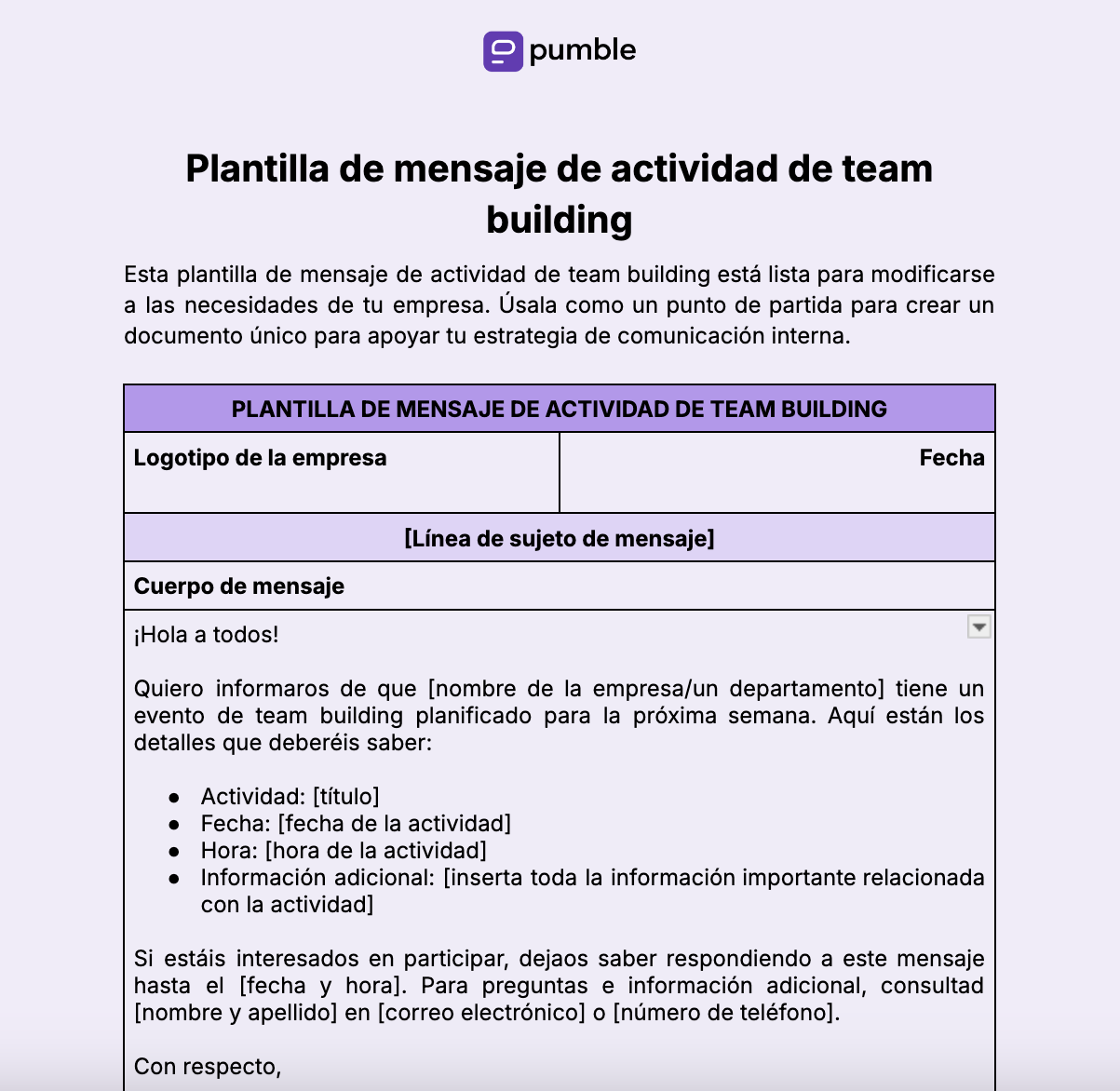 Plantilla de mensaje de actividad de team building