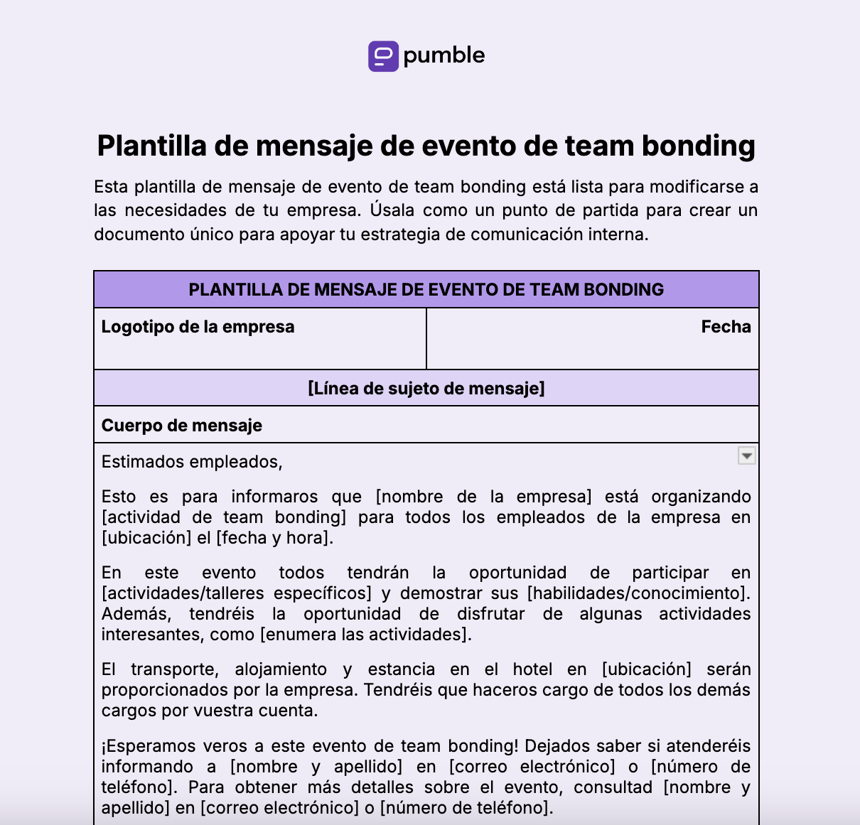 Plantilla de mensaje de evento de team bonding