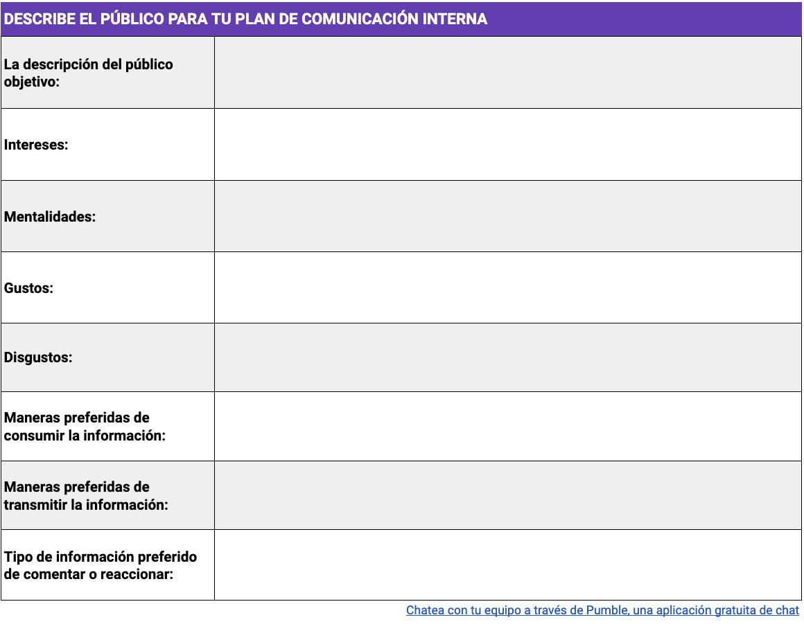 Una plantilla para describir el público para tu plan de comunicación interna