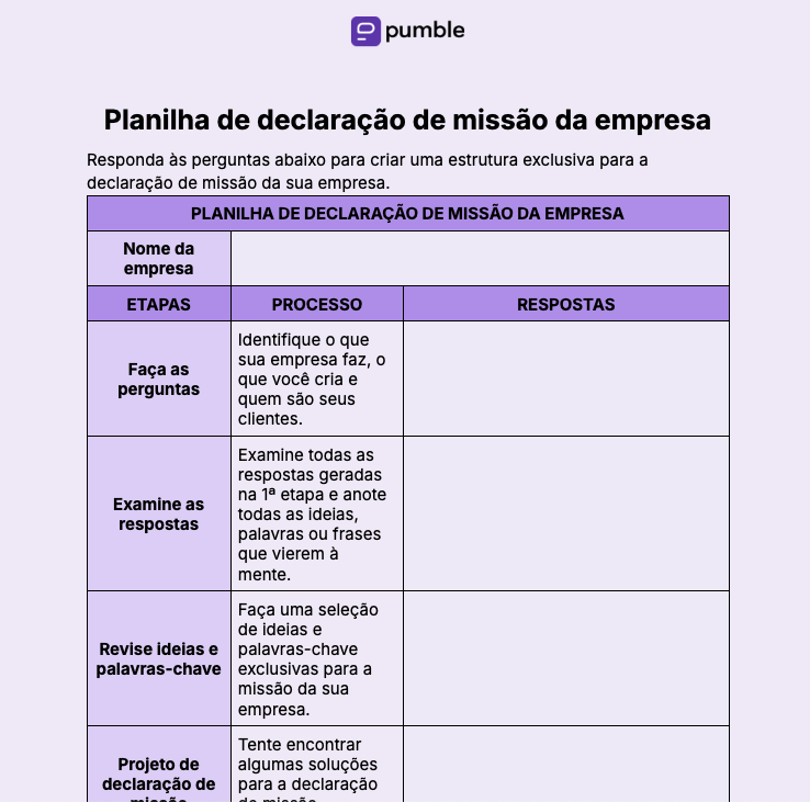 Planilha de declaração de missão da Empresa