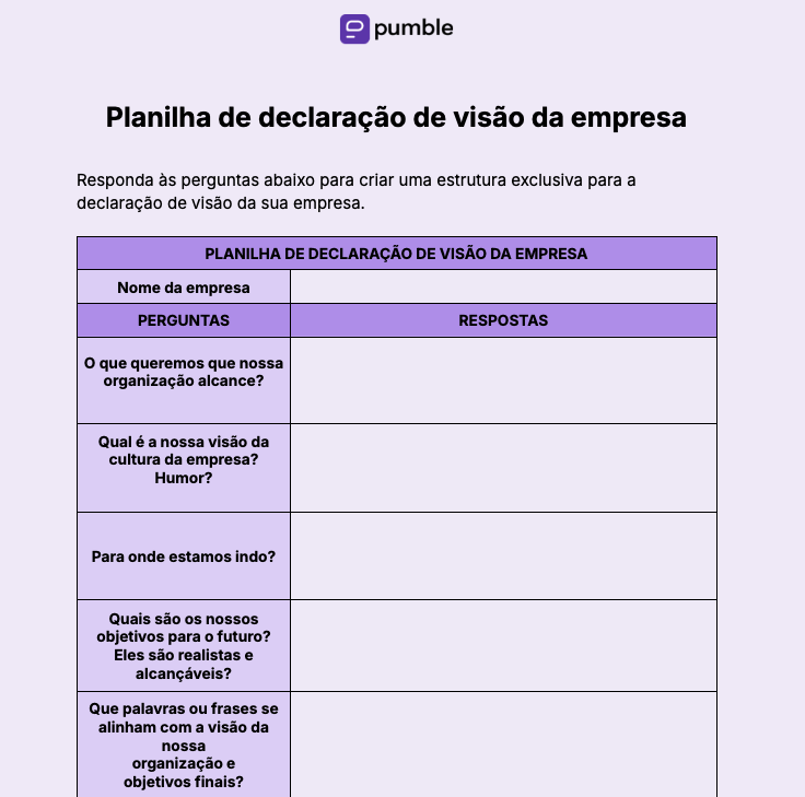 Planilha de declaração de visão da empresa