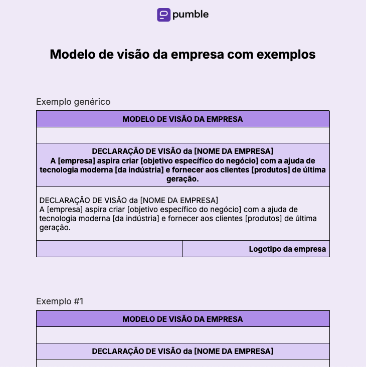 Modelo de visão da empresa com exemplos