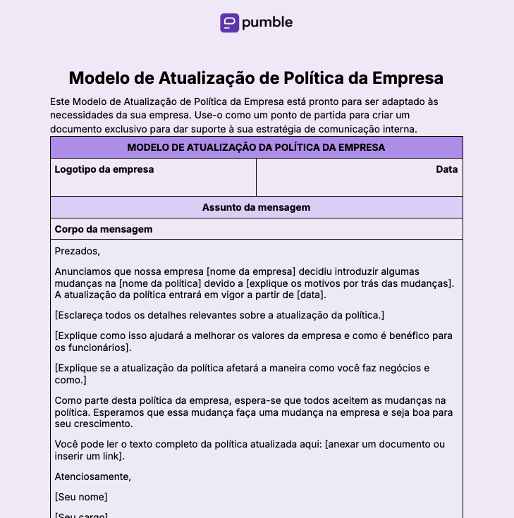 Modelo de atualização da política da empresa