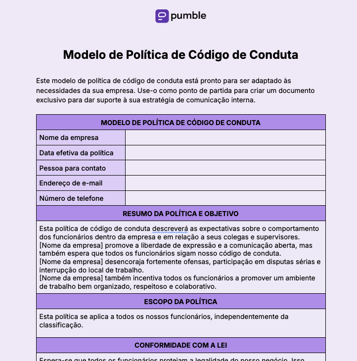 Modelo de Política de Código de Conduta