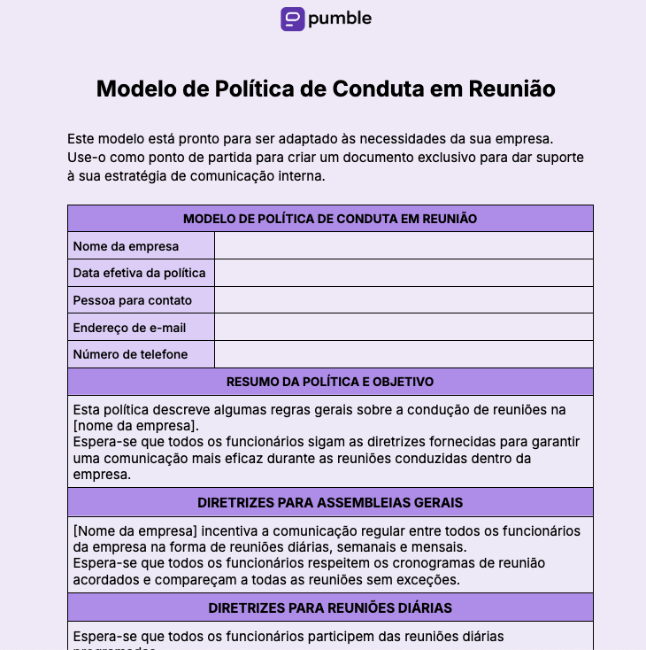 Modelo de política de conduta em reuniões 