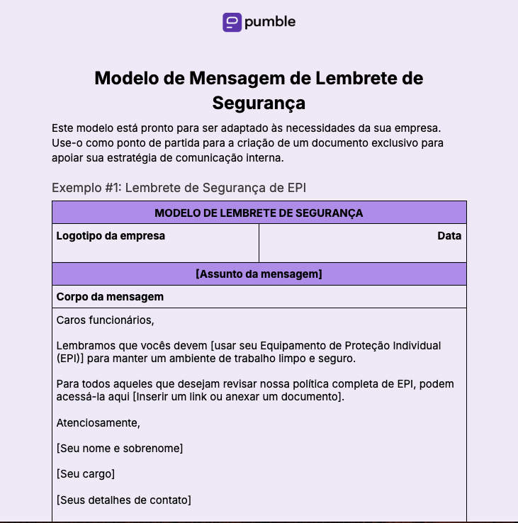 Modelo de mensagem de lembrete de segurança