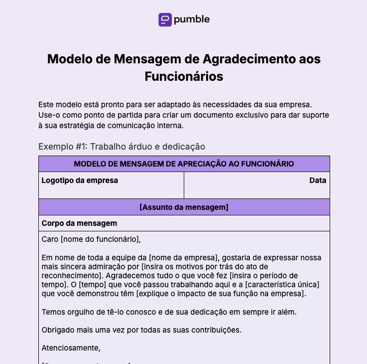 Modelo de mensagem de agradecimento ao funcionário 