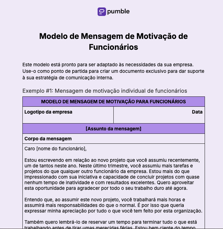 Modelo de mensagem de motivação de funcionários