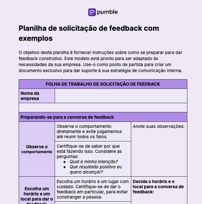 Planilha de solicitação de feedback com exemplos