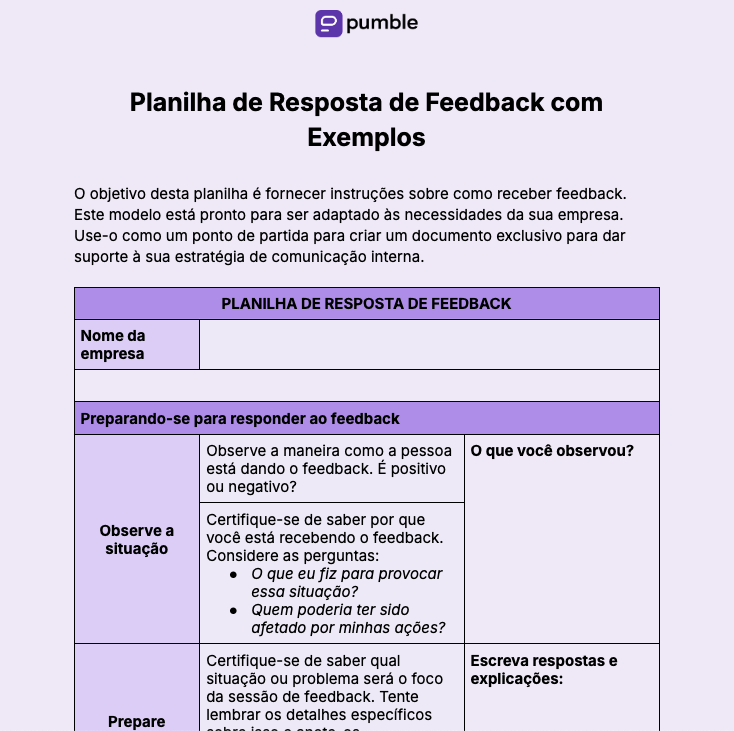 Planilha de resposta de feedback com exemplos