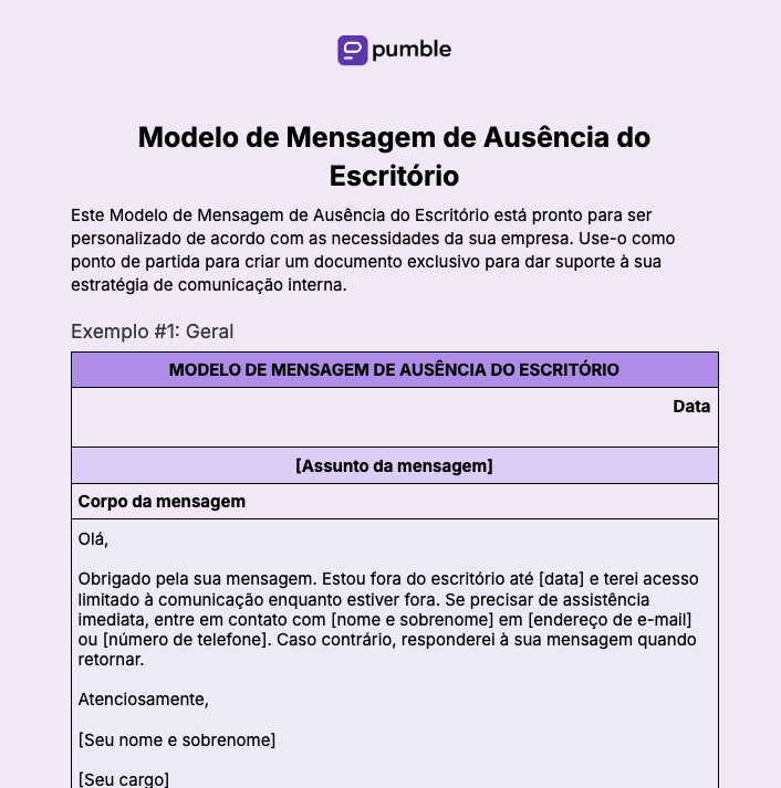 Modelo de mensagem ausência do escritório