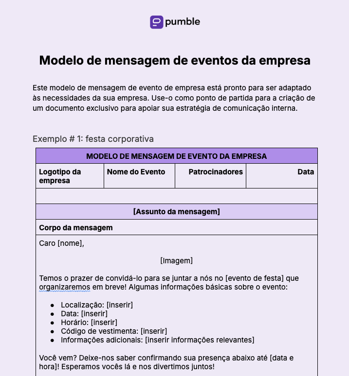 Modelo de mensagem de evento da empresa