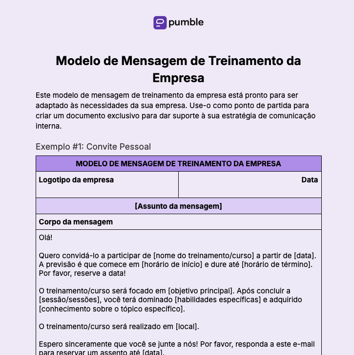 Modelo de mensagem de treinamento da empresa