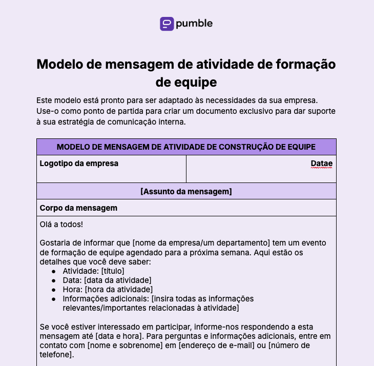 Modelo de mensagem de atividade de formação de equipe