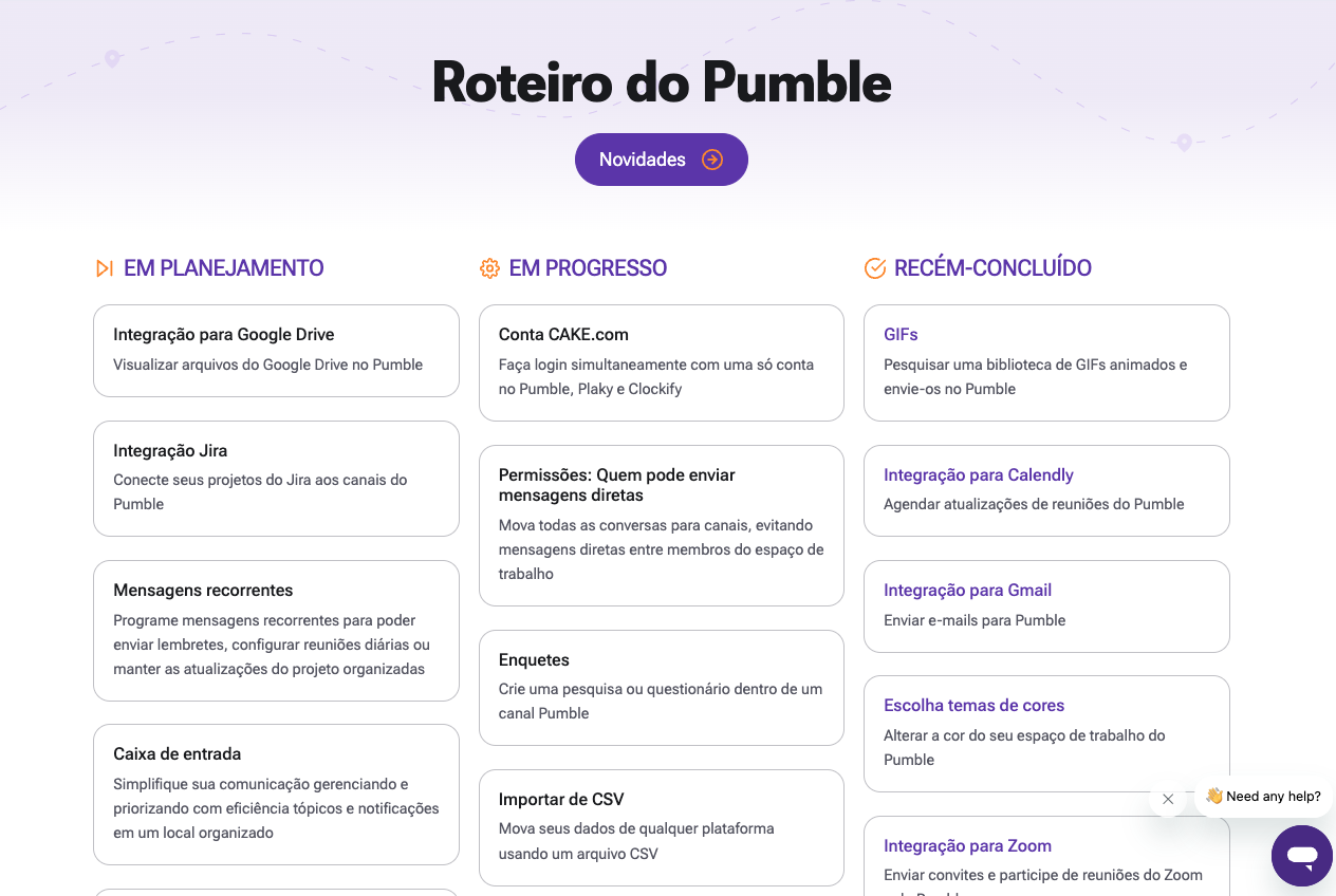 Uma seção da página do roteiro de Pumble em fevereiro de 2023