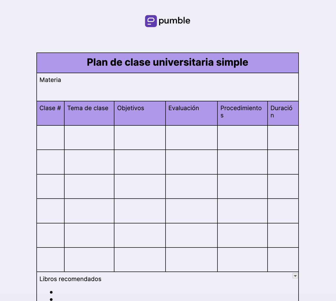 Plantilla de plan de clase universitaria simple