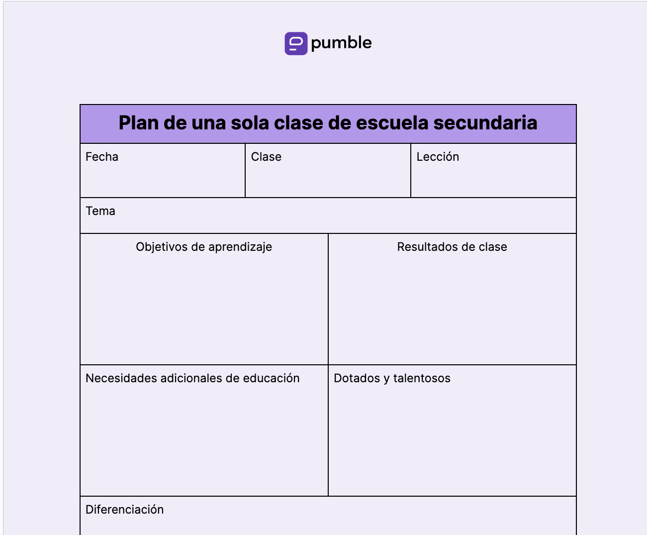 Plantilla de plan de una sola clase de escuela secundaria