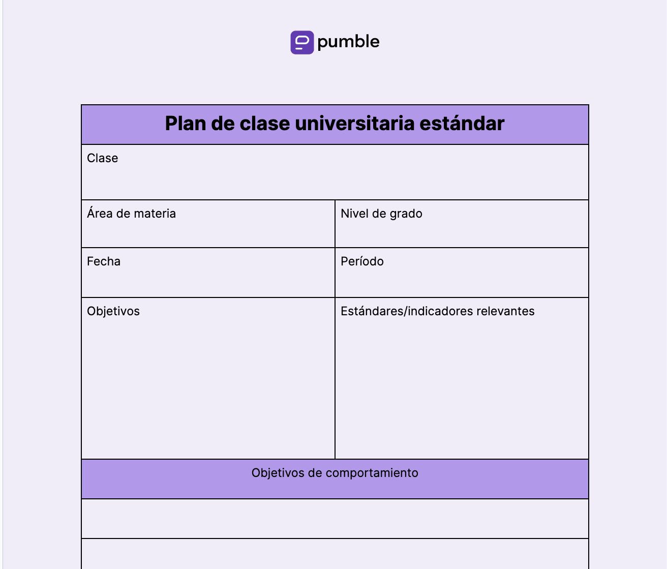 Plantilla de plan de clase universitaria estándar