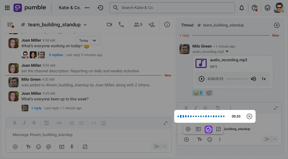 Voice messages make it easier to convey the tone of your message through Pumble, a team communication app