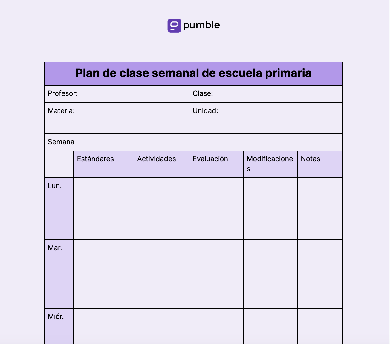 Plantilla de plan de clase semanal de escuela primaria