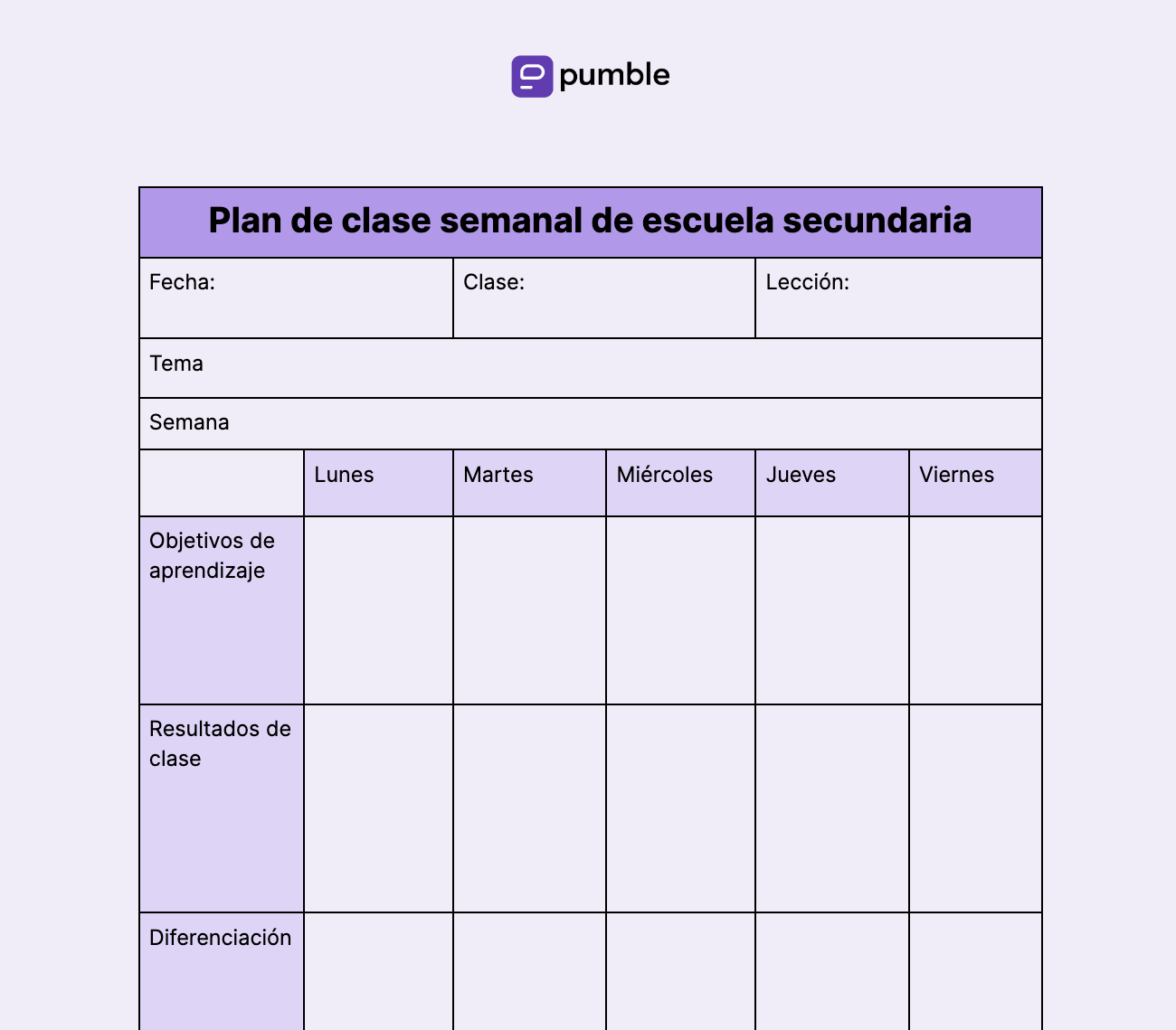 Plantilla de plan de clase semanal de escuela secundaria