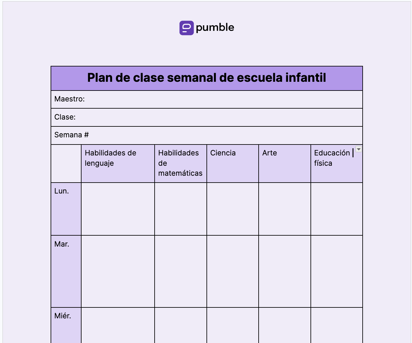 Plantilla de plan de clase semanal de escuela infantil