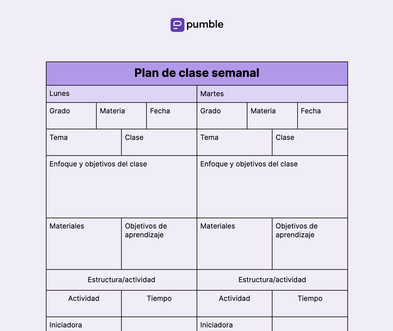 Plantilla de plan de clase semanal