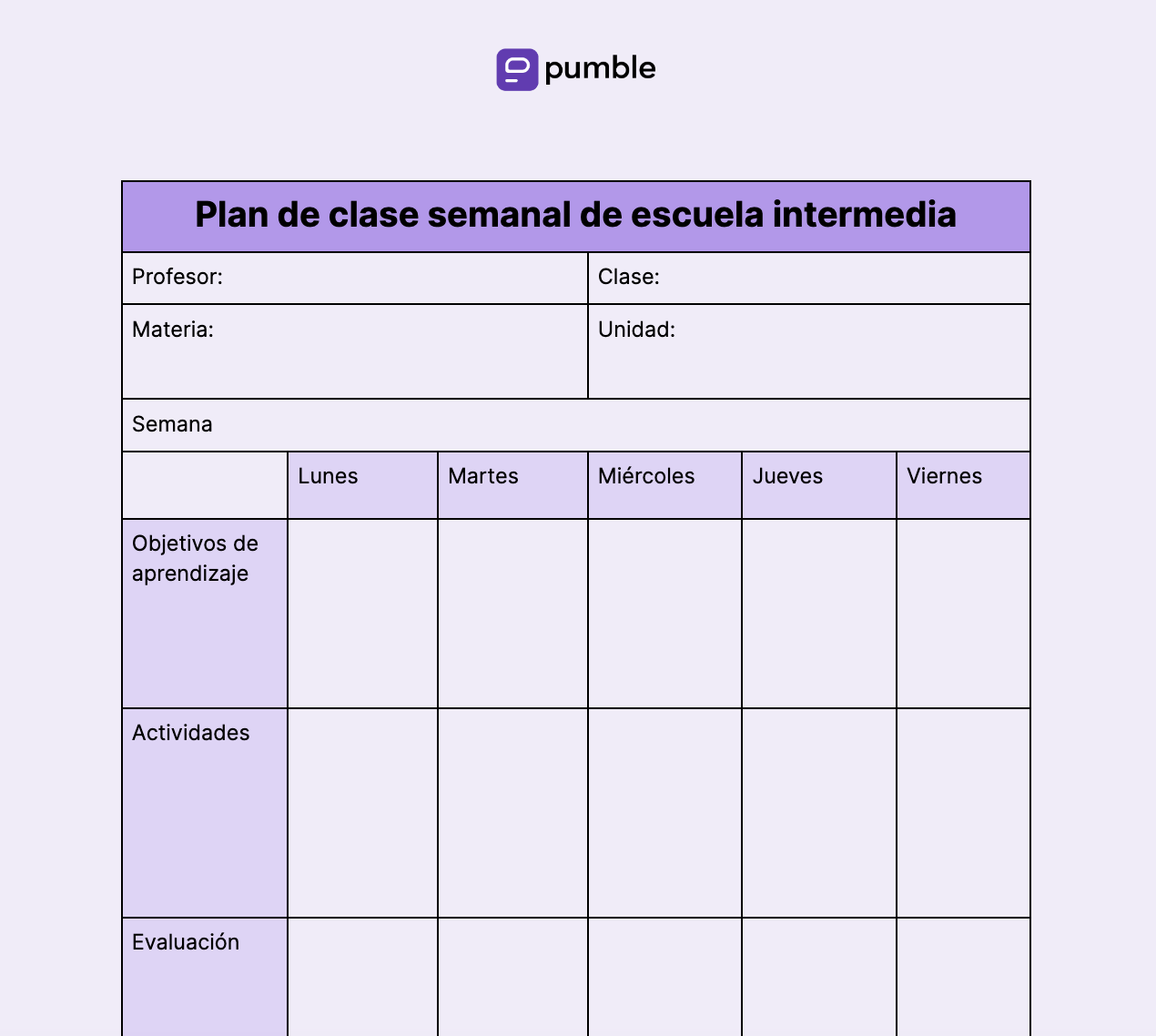 Plantilla de plan de clase semanal de escuela intermedia