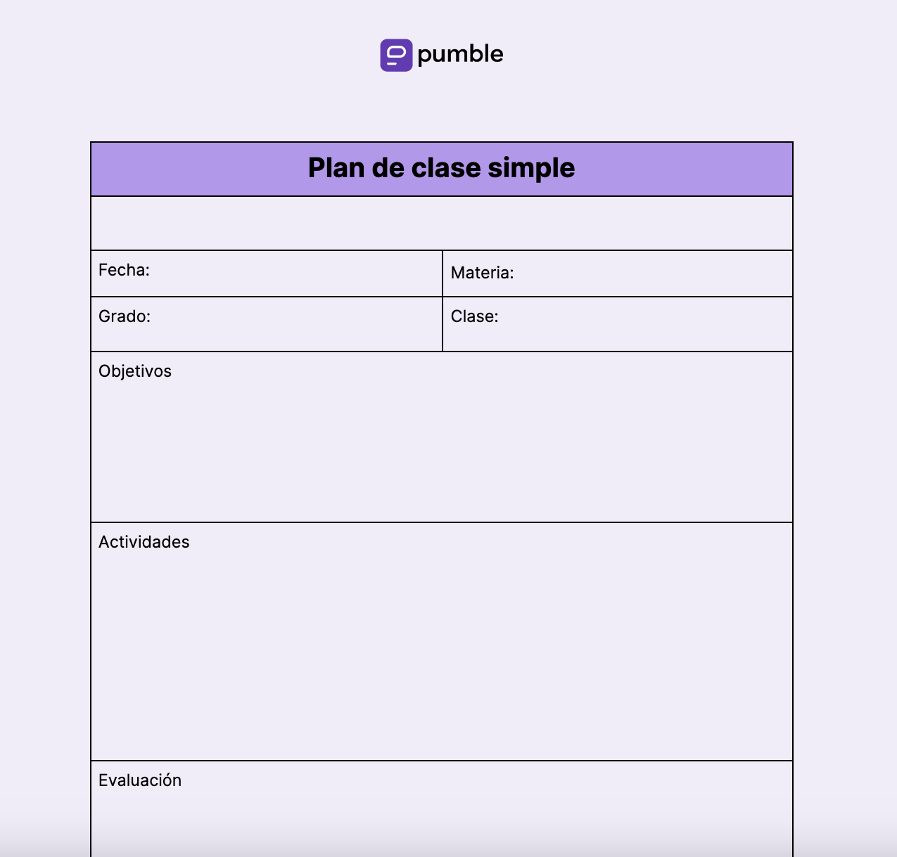 Plantilla de plan de clase simple