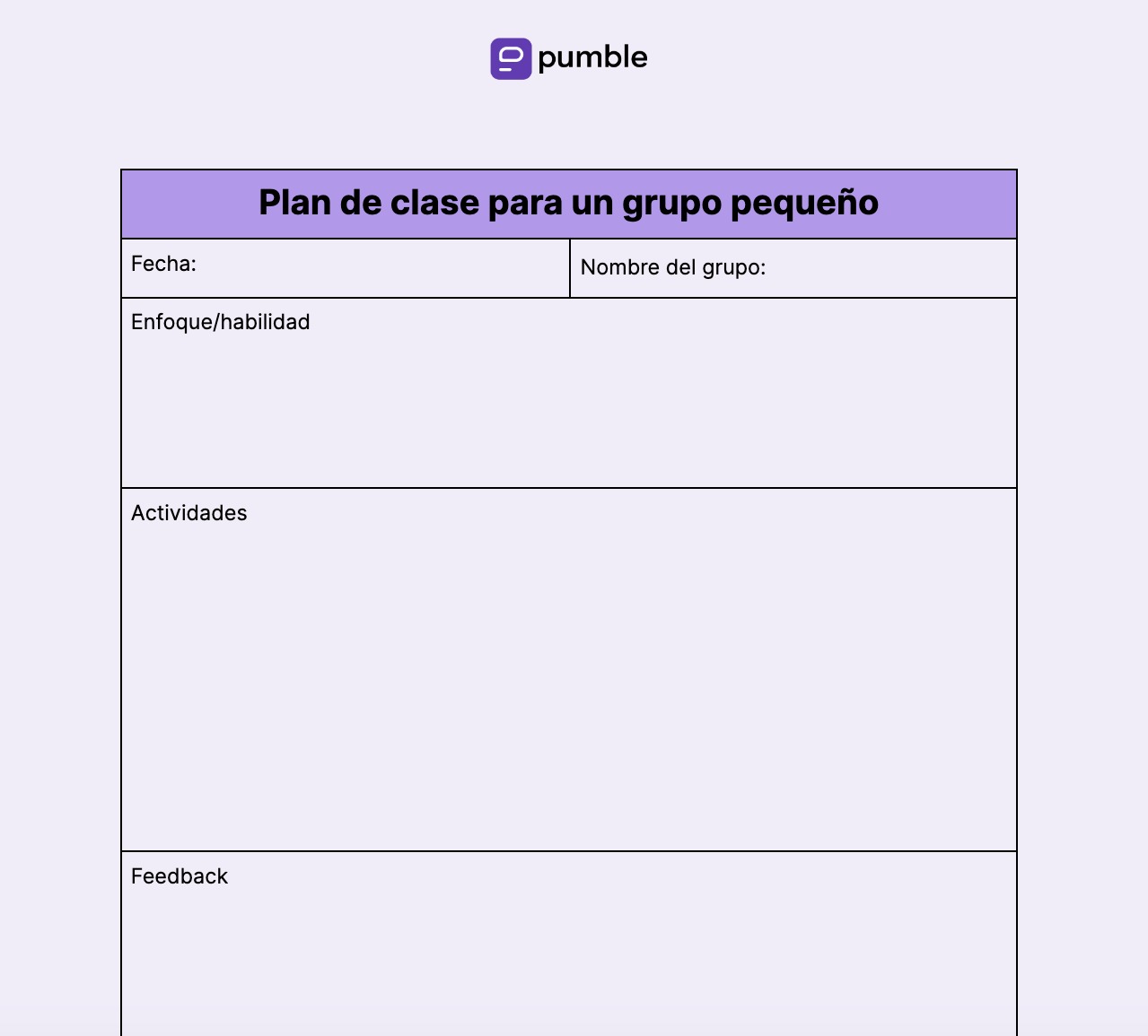 Plantilla de plan de clase para un grupo pequeño