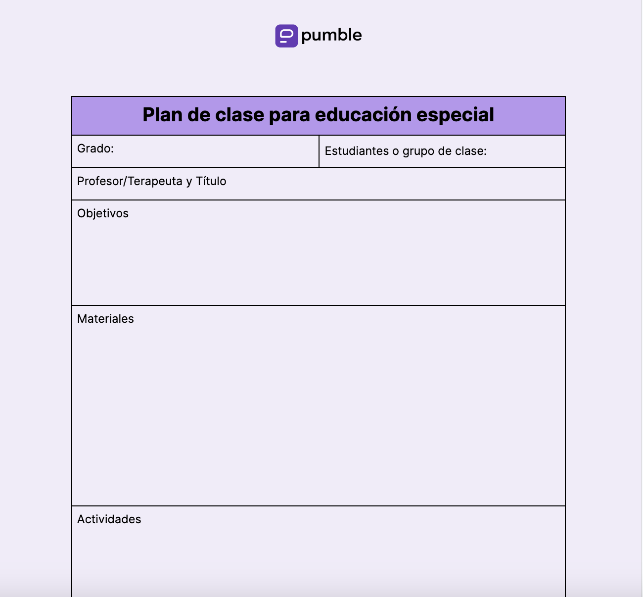 Plantilla de plan de clase para educación especial