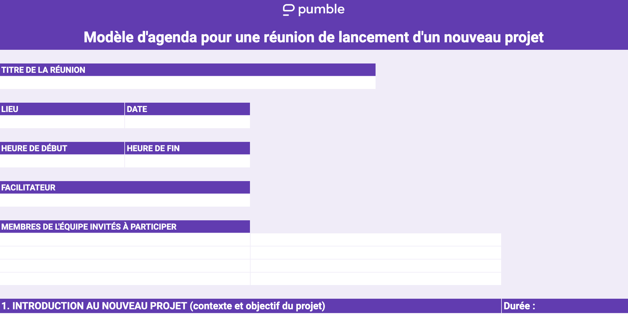 Exemple de modèle d'agenda pour une réunion de lancement d'un nouveau projet