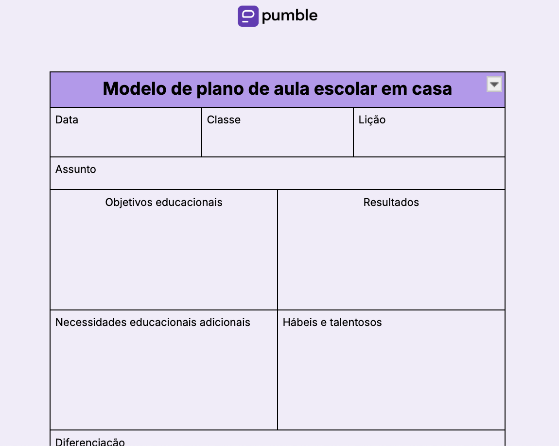 Modelo de plano de aula escolar em casa