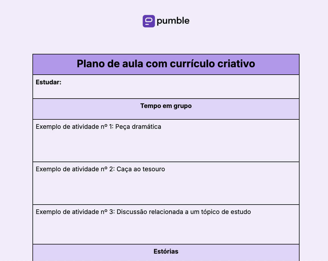 Modelo de plano de aula com currículo criativo