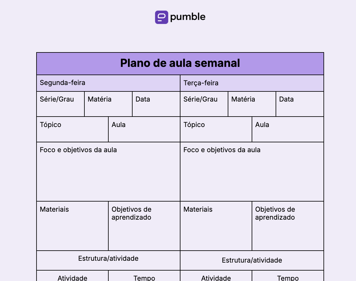 Modelo de plano de aula semanal