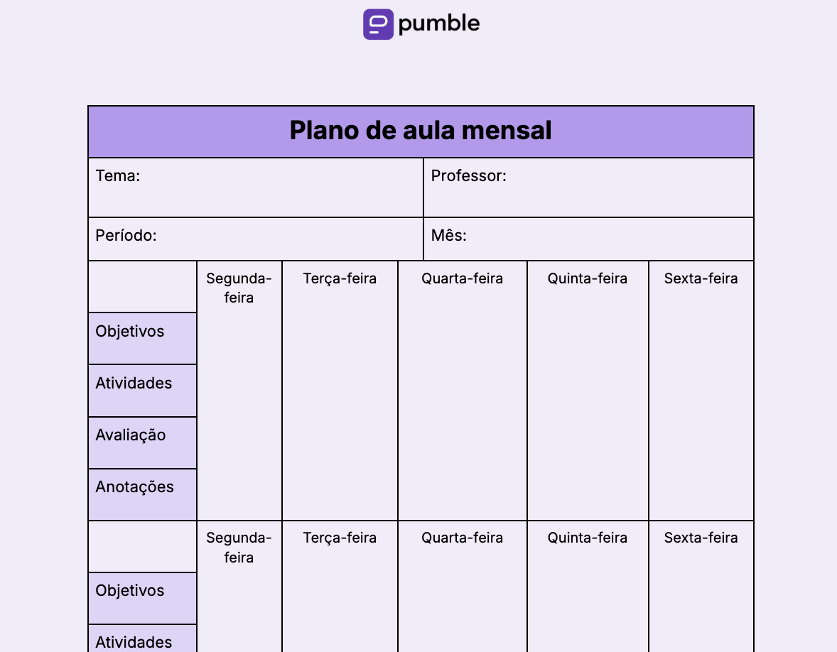 Modelo de plano de aula mensal