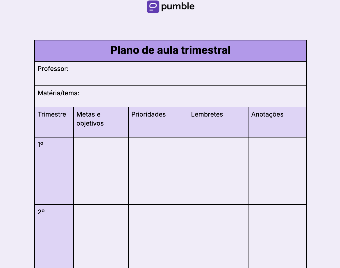 Modelo de plano de aula trimestral